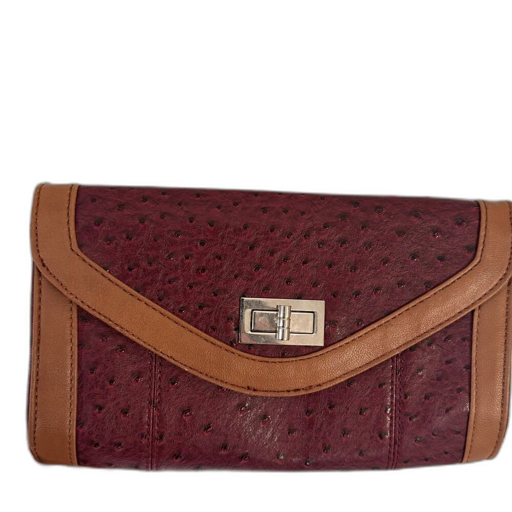 Apt. 9 Clutch Ostrich Embossed Burgundy Tan Vegan Leather Silver Chain Bag Y2K